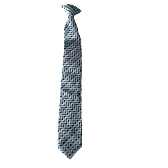 Boys Gray and Blue Plaid Clip-On Tie - 17 Inch - Picture 1 of 5